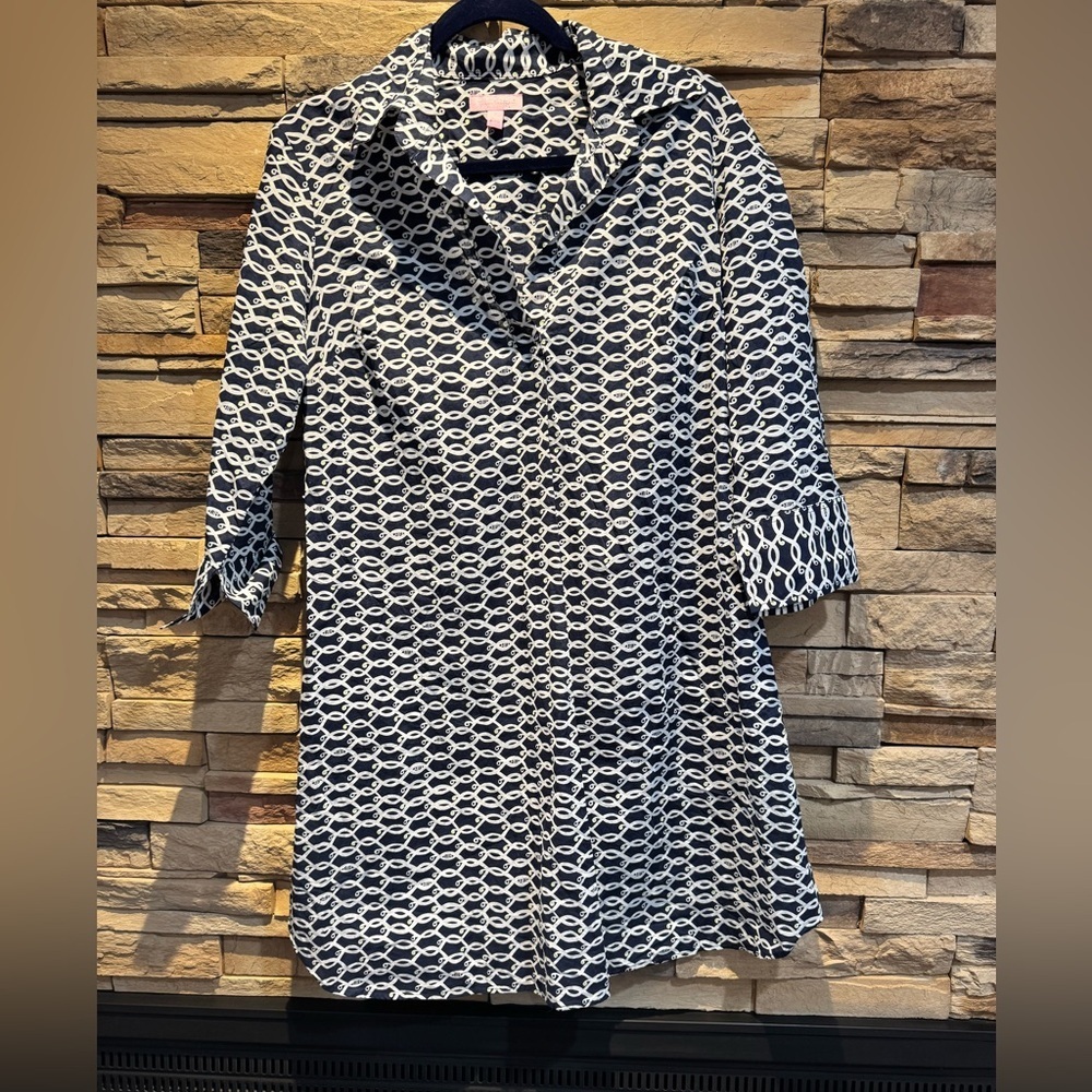 Lilly Pulitzer Navy and White Patterned Button-Front Tunic Dress Size Small